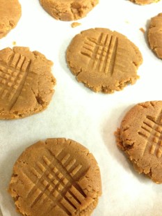 Gluten-free peanut butter cookies showing off their newly fork-pressed look